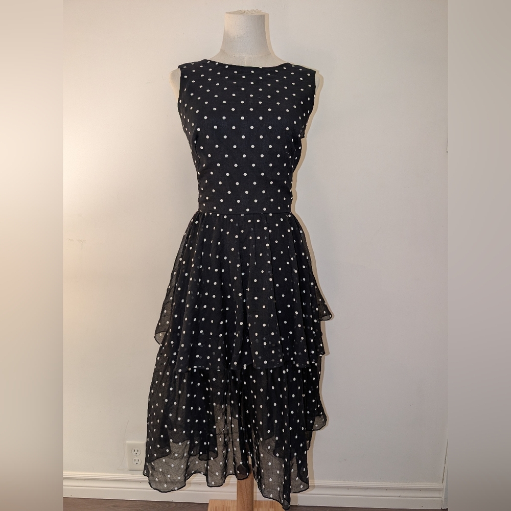ALGO Vintage Black With White Polka Dot Midi Dress